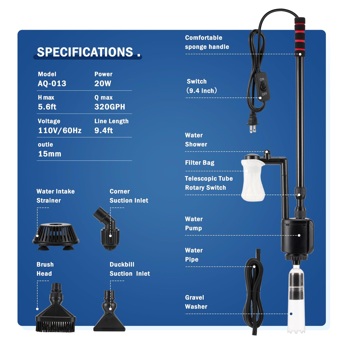 AQQA Aquarium Gravel Cleaner Kit, 6 in 1 Electric Fish Tank Vacuum Cleaning Tools Water Changer, Multifunction Wash Sand Filter Water Circulation 20W 320GPH 110V
