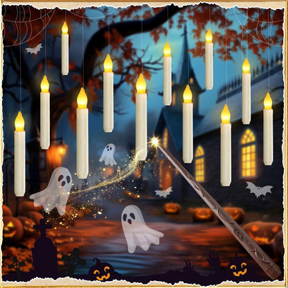 Homemory Floating Candle with Wand Remote, 12 Pcs Magical Candlesticks Witch Decors, Warm Yellow Flameless Taper Candles Battery Operated, LED Window Candle for Halloween Party Decor