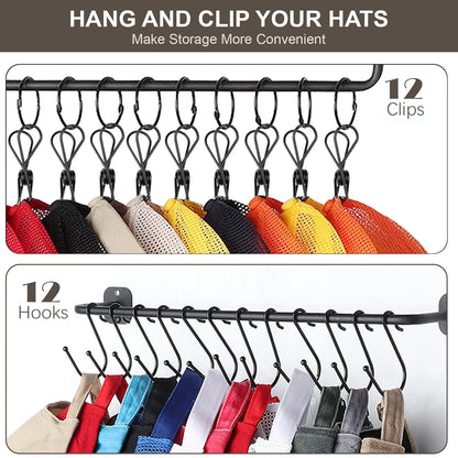 HYDERMUS Hat Organizer for Baseball Caps Wall Mount with Shelf Hat Hanger Metal Hat Holder Rack for Closet Wall Storage Organization Display Carbonized Black