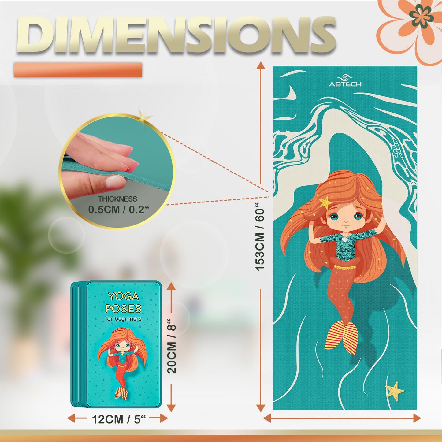 Abtech Yoga Mat for Kids - Mermaid Design for Girls - Comfortable, Chemical Free, Non-Toxic, Non-Slip Mat - 60 x 24 x 0.2 In. w/ 12 Yoga Cards for Kids - Cute Carrier Bag - Blue, Age 3-12