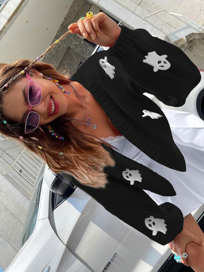 Womens Ghost Cardigan Girl Halloween Outfit Embroidered Print Long Sleeve Open Front Y2K Cropped Knit 90s Aesthetic Cardigan Sweaters