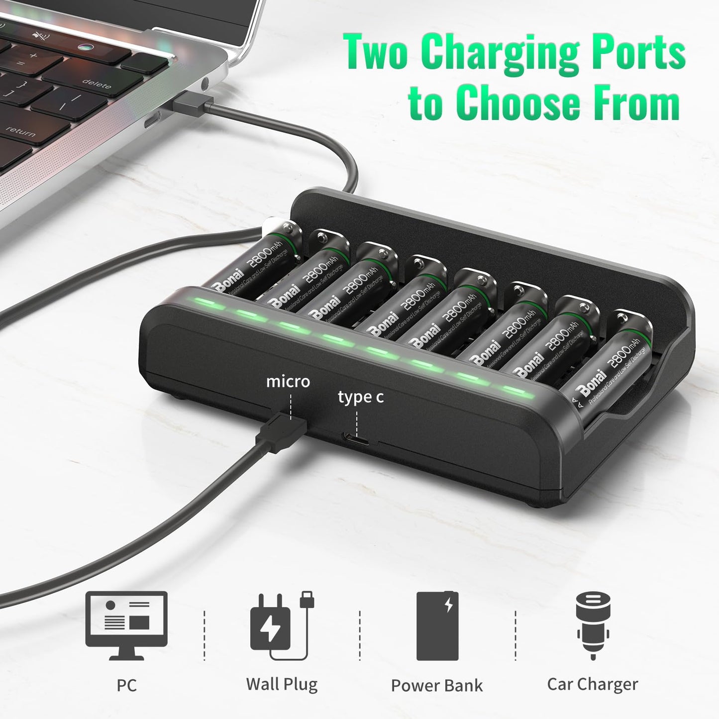 BONAI AA Rechargeable Batteries 2800mAh 8pack with Smart Charger for AA AAA C D NiMH Battery