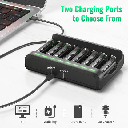 BONAI AA Rechargeable Batteries 2800mAh 8pack with Smart Charger for AA AAA C D NiMH Battery