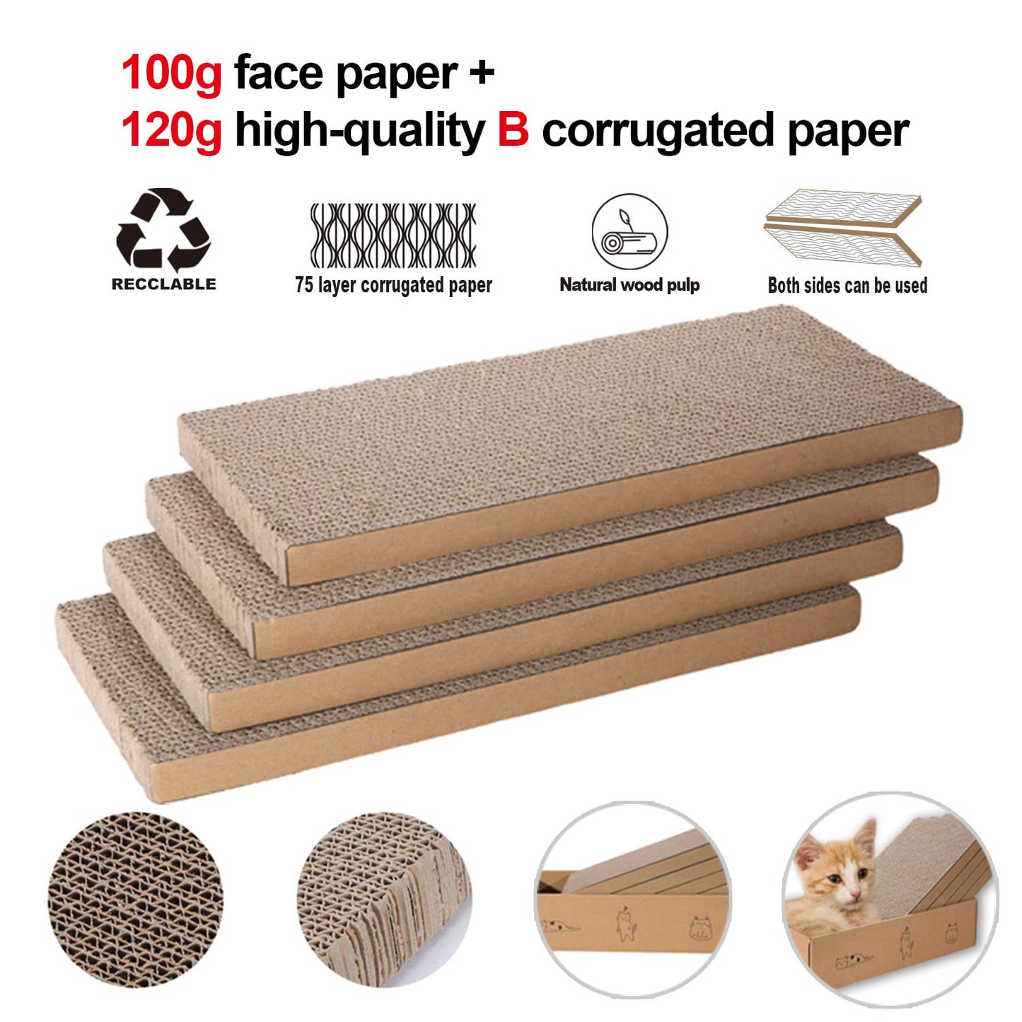4 Packs in 1 Cat Scratch Pad with Box, Cat Scratcher Cardboard,Reversible,Durable Recyclable Cardboard, Suitable for Cats to Rest, Grind Claws and Play with Scratch Box