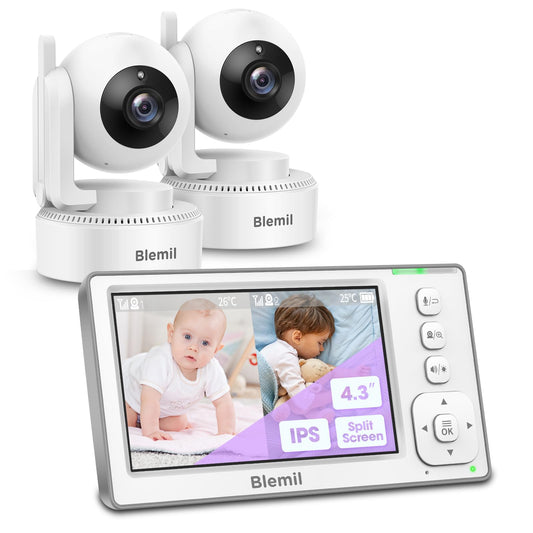 Blemil Baby Monitor with 2 Cameras and Audio, 4.3'' IPS Split-Screen Monitor with 29-Hour Battery, 1000ft Range Pan-Tilt-Zoom Video Baby Monitor No WiFi, 2X Zoom