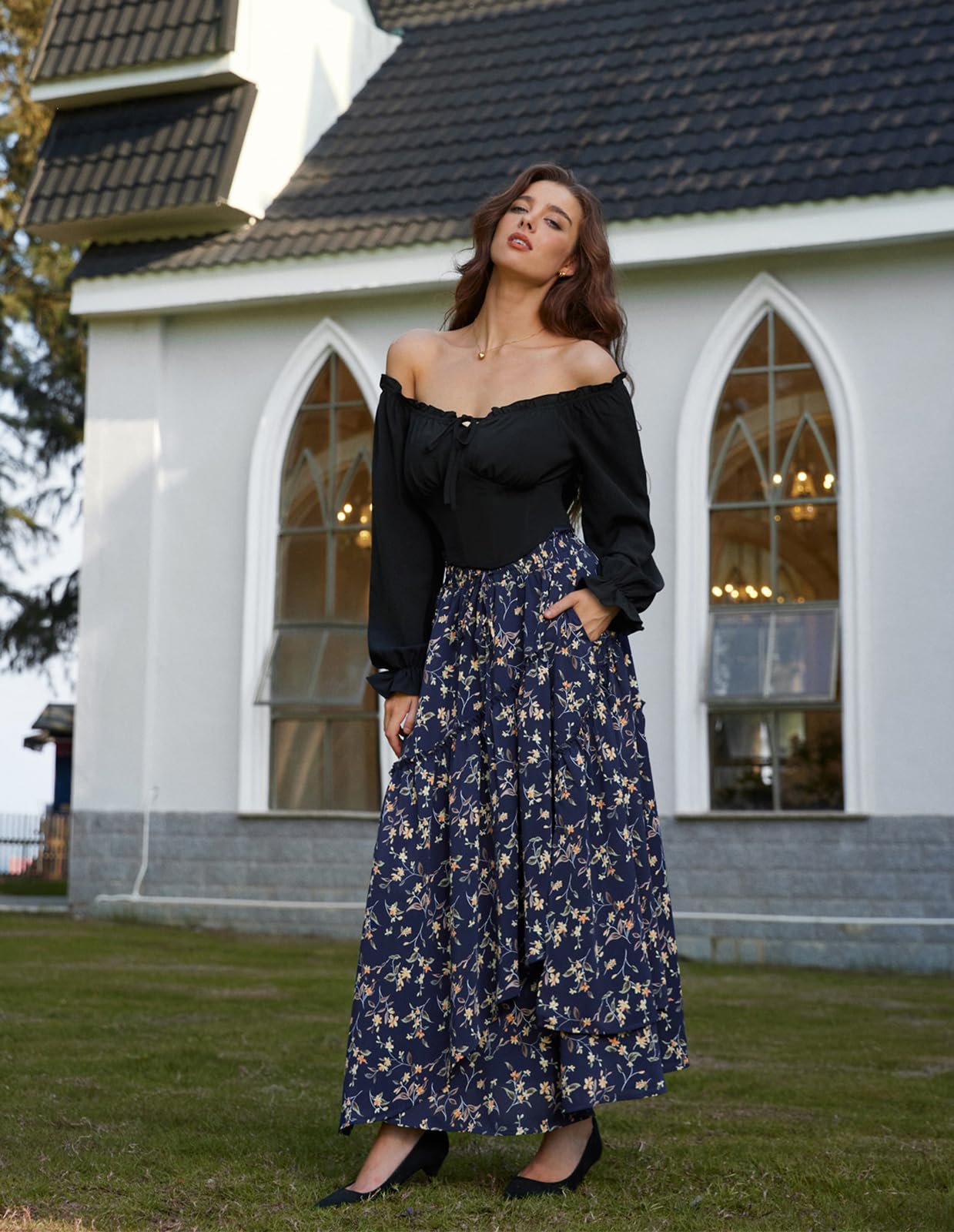 Women Floral Print Boho Skirt Elastic High Waist Long Maxi Skirts with Pockets Navy Yellow Floral L
