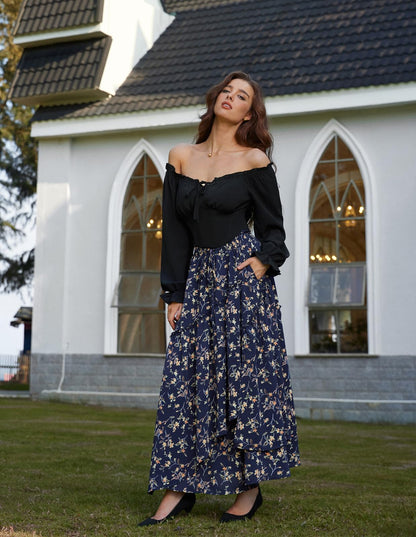 Women Floral Print Boho Skirt Elastic High Waist Long Maxi Skirts with Pockets Navy Yellow Floral L