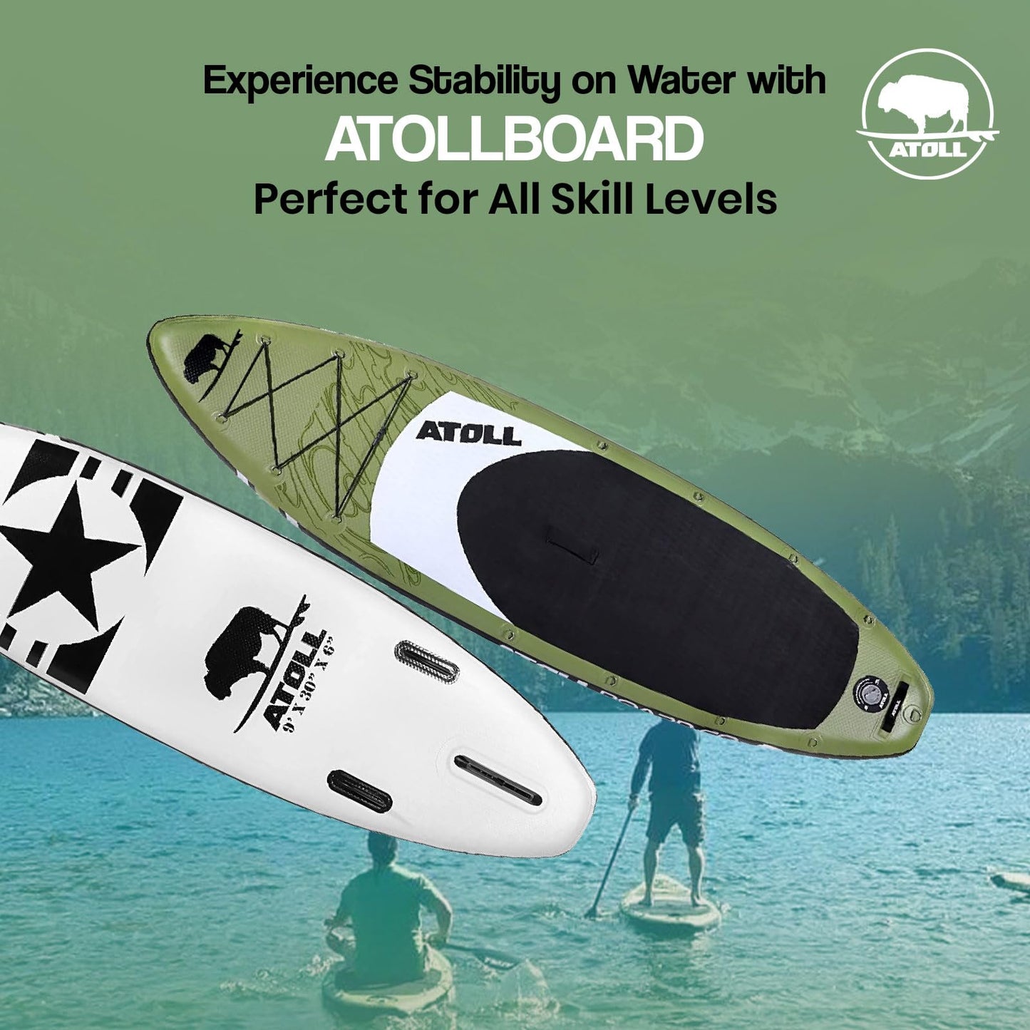 Atoll Inflatable Paddle Board with Premium SUP Stand Up Paddle Board Accessories & Back Pack, Non-Slip Comfort Deck for Unisex Adult - 11ft (Army Green)
