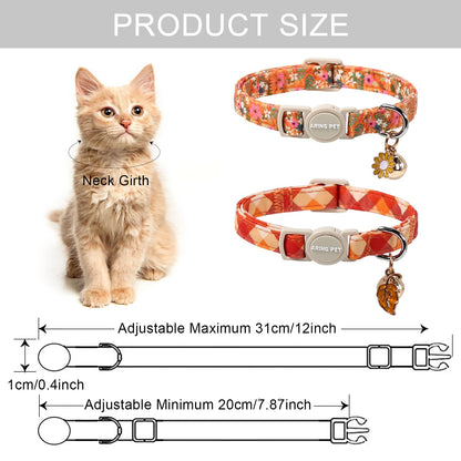 ARING PET 2 Pack Cat Collars, Breakaway Cotton Fall Halloween Kitten Collar with Bells for Girl Boy Cats Floral & Orange Plaid