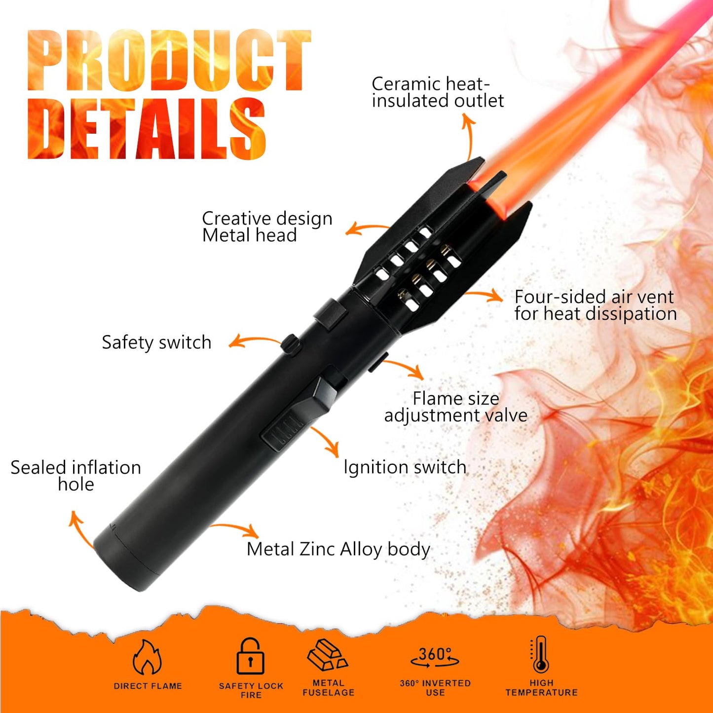 Camping Lighter, Torch Lighter, Straight Flame Bright Fire Refillable Windproof Adjustable Color with Safety Lock for Campfires Kitchen Hiking Candles Fireplace BBQ Outdoor Essentials (Black)