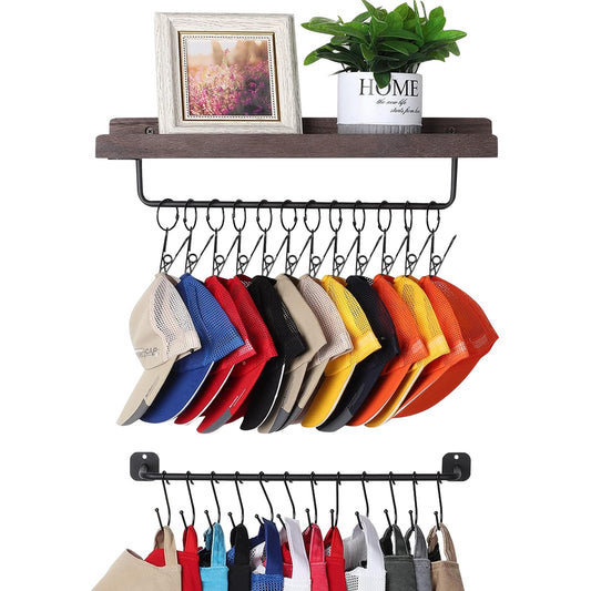 HYDERMUS Hat Rack for Wall with Shelf for 24 Baseball Caps Metal Hat Organizer with 12 Clips and 12 Hook Hat Holder Wall Mounted for Baseball Caps Trucker Hat and Others Hat Weathered Walnut
