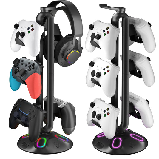 Canmarin Gaming RGB Headphone Stand, Controller Holder with 9 Light Modes and 2 USB Charging Ports and 3.5mm & Type-C - Controller Stand Hanger Accessories for Desk and Gamer(Black) A