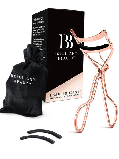 Brilliant Beauty Eyelash Curler with Satin Bag & Refill Pads - Award Winning - No Pinching, Just Dramatically Curled Eyelashes for a Lash Lift in Seconds (Rose Gold)