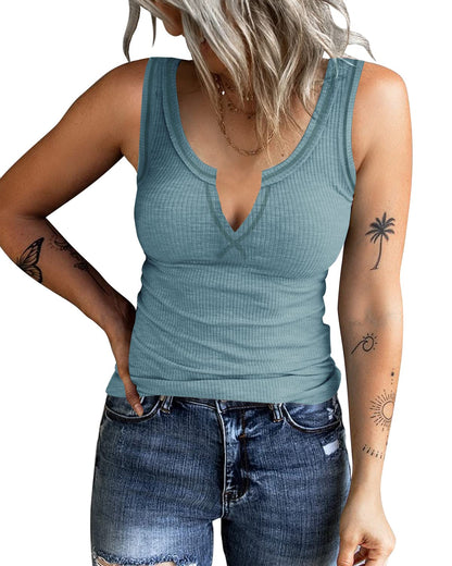 HERILIOS Women's Tank Tops Ribbed V Neck Sleeveless T Shirts Summer Slim Fitted Basic Tee Tops Crew Neck Cami Shirt