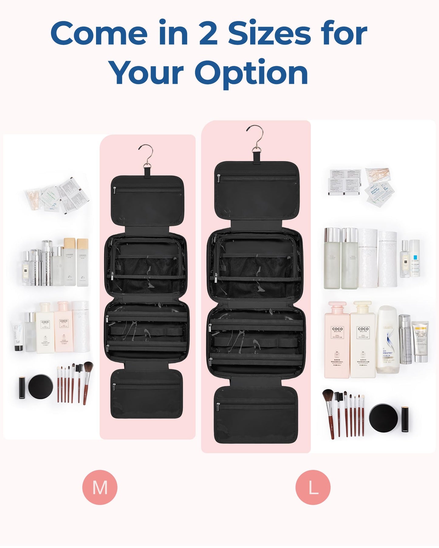 BAGSMART Travel Toiletry Bag with Jewelry Organizer, Hanging Travel Bag for Toiletries, Puffy Makeup Cosmetic Bag Organizer, Carry-on Travel Accessories Essentials, Black-L