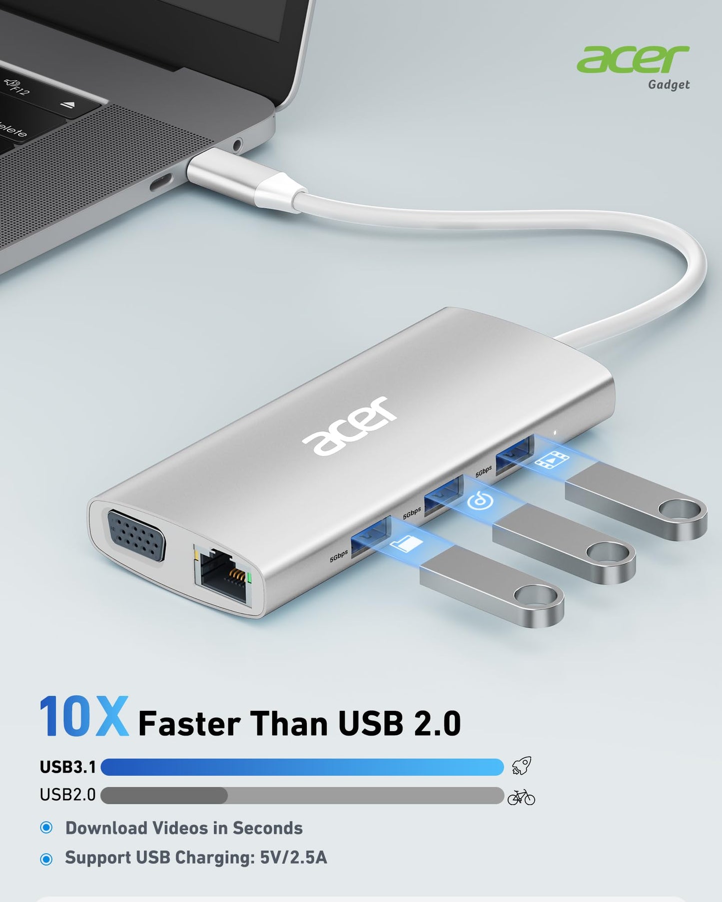 Acer USB C Hub with 4k@30Hz HDMI, 9-in-1 USB C to Ethernet Adapter, 5Gbps USB-A 3.1 Docking Station, PD 100W Charging, SD Card Reader, USB to VGA Splitter for MacBook, Acer, Laptops, Surface (Silver)