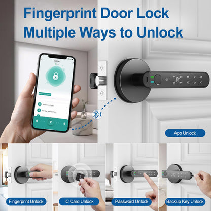 BIWIBON Smart Door Knob - 5 in 1 with Smart APP, IC Cards, Password, Backup Keys - Fingerprint Door Knob with Keypad for Bedroom, Office, Apartment - Black, 3 Pack