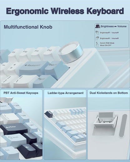 AULA F75 75% Wireless Mechanical Keyboard, Hot Swappable Creamy Keyboard, Pre-lubed Reaper Switches, 2.4GHz/Type-C/BT5.0, RGB Backlit Gaming Keyboards(White & Blue)