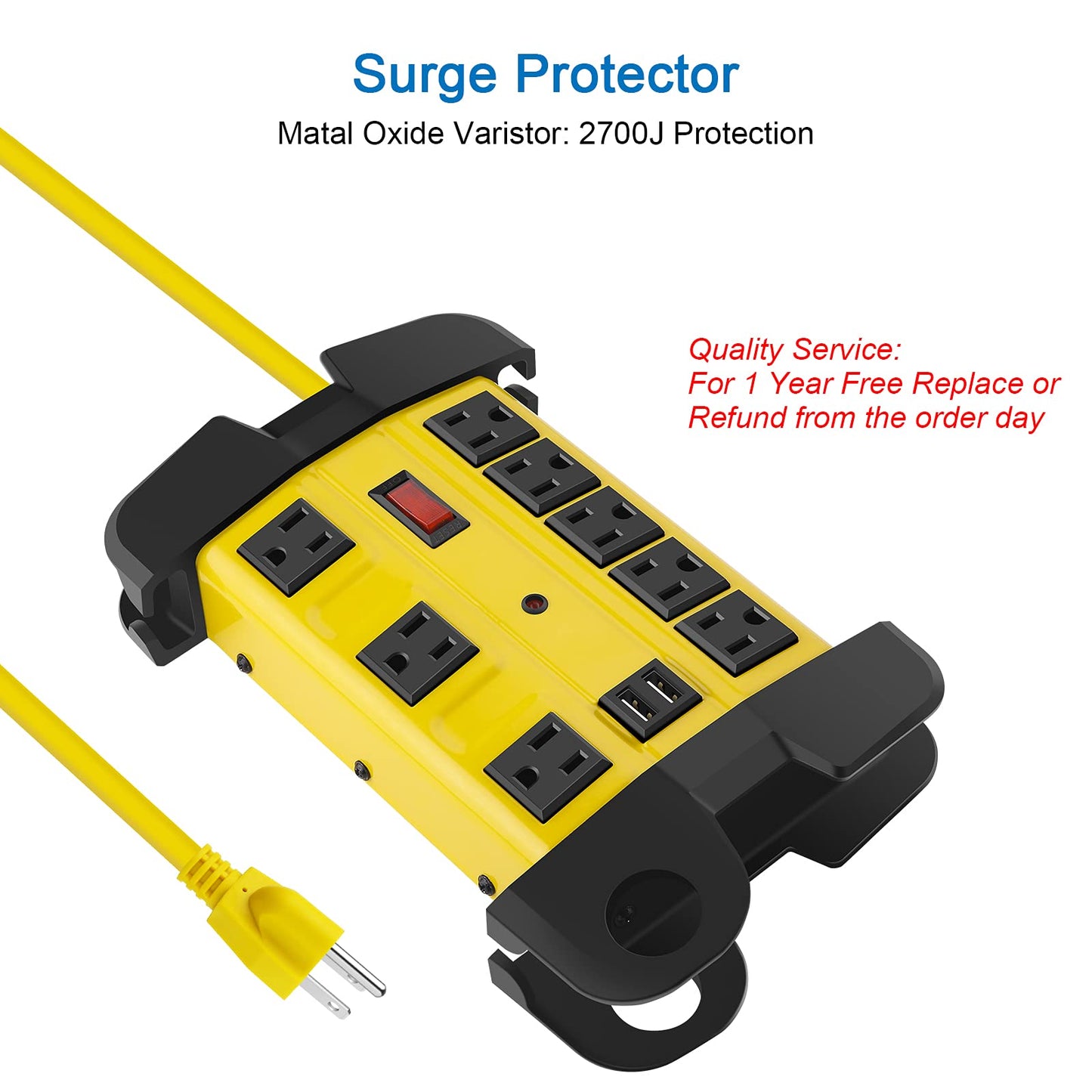 Heavy Duty Power Strip with USB, Workshop 8 Outlet Surge Protector 2700 Joules, Industrial Metal 15Amp Power Strip, 6FT Extension Cord and Wide Spaced. Yellow