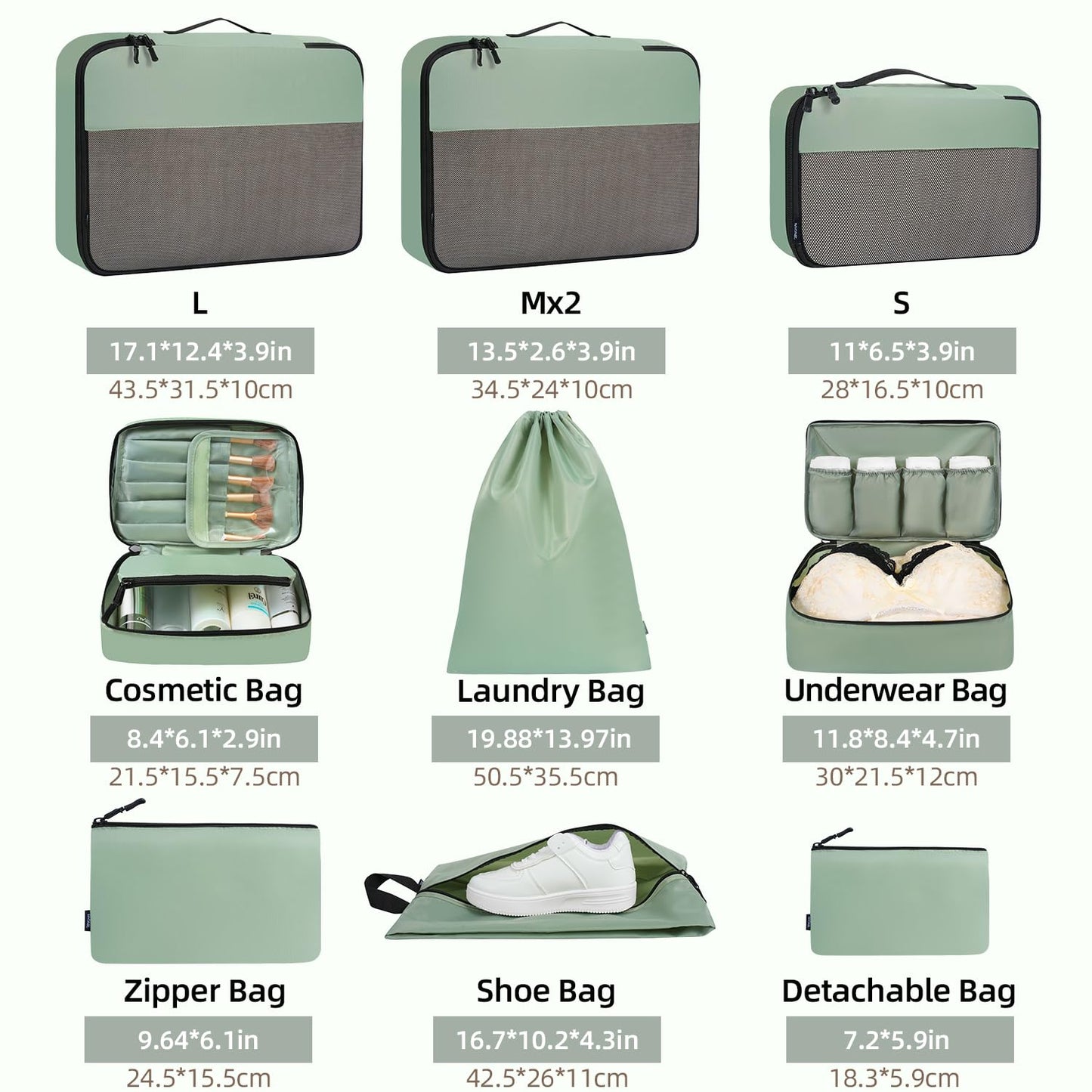 BAGAIL 8 Set/9 Set Packing Cubes Luggage Packing Organizer for Travel, Suitcase Packing Bags for Travel Accessories(Matcha Green, 9 Set)