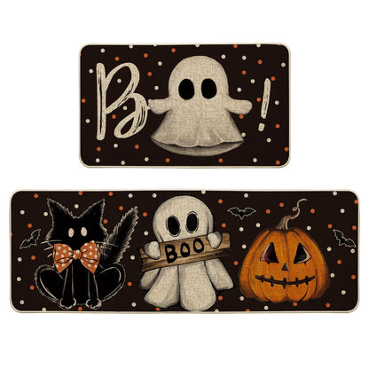 Artoid Mode Bats Black Cats Boo Pumpkin Halloween Kitchen Mats Set of 2, Home Decor Low-Profile Kitchen Rugs for Floor - 17x29 and 17x47 Inch