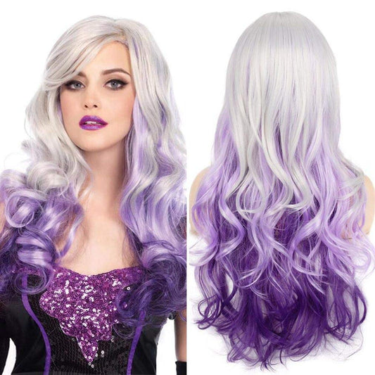 Beweig Long Curly Wavy Silver Grey to Purple Wig Side Part Natural Looking Synthetic Cosplay Wig for Women