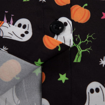Womens Halloween Hawaiian Shirt Cute Pumpkin Spooky Castle Graphic Tee Magical Halloween Short Sleeve Button Up Tops