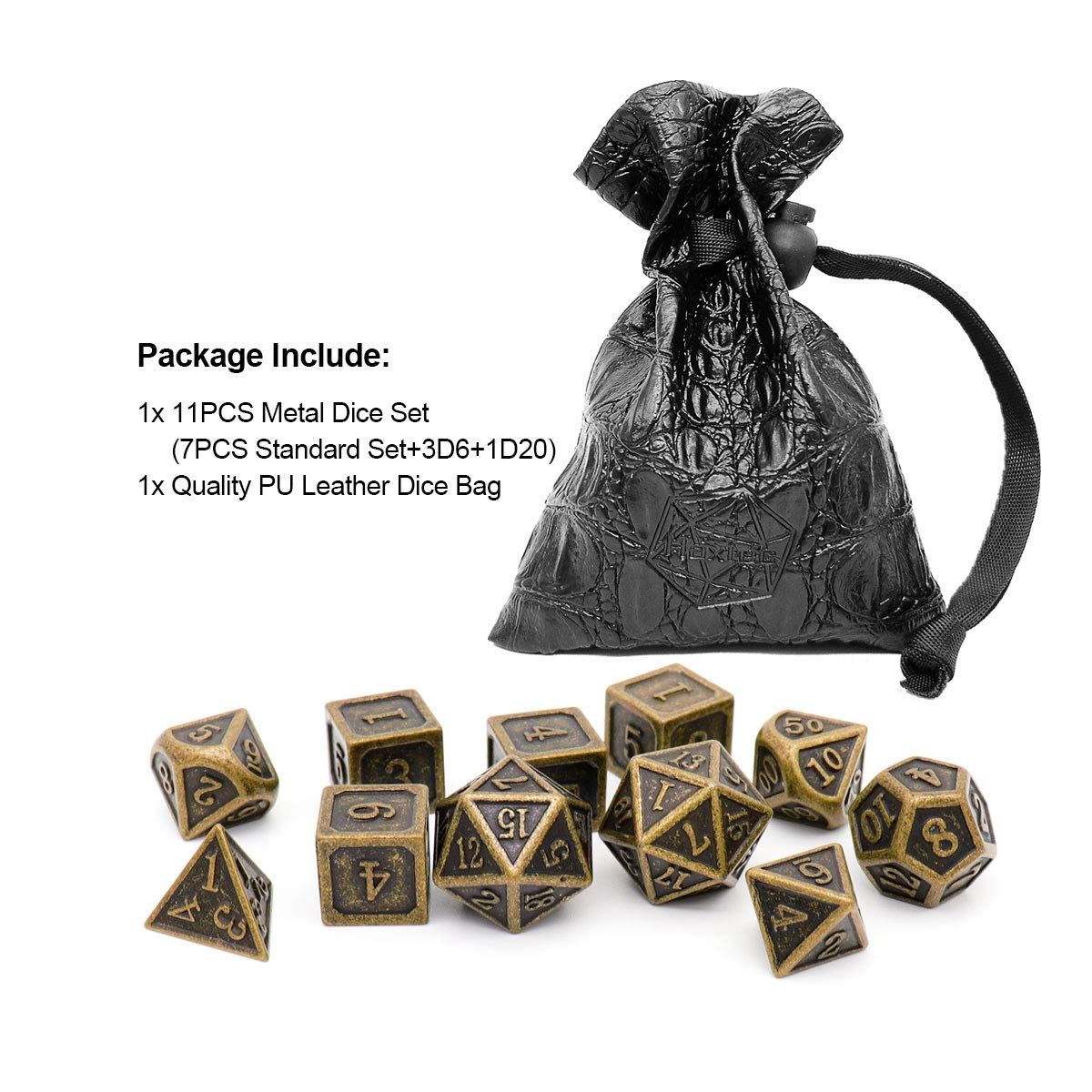 Haxtec 11 Pieces Metal DND Dice Set D&D Extra D6 D20 Ancient D&D Dice for Dungeons and Dragons TTRPG Games-Antique Bronze 11PCS