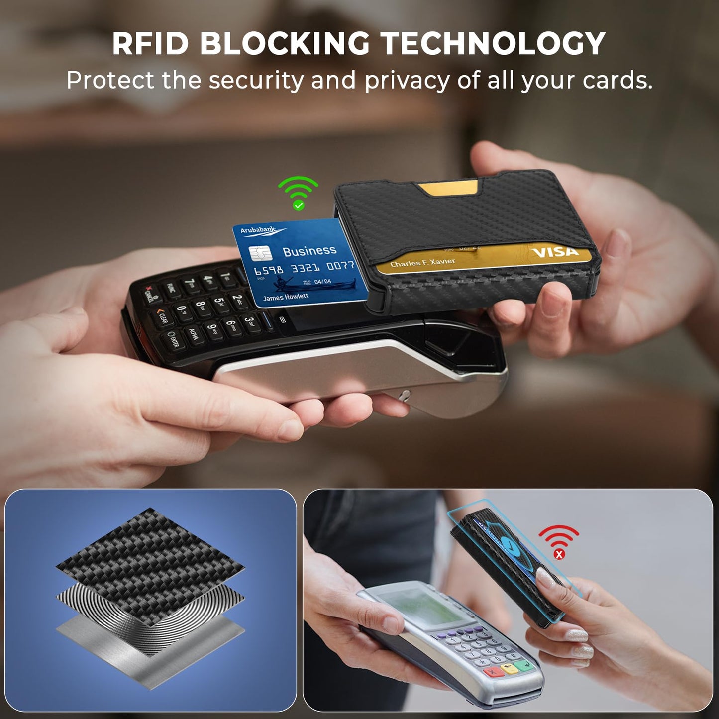 BESSIO Slim Wallet for Men - Minimalist Mens Wallet with Money Clip, Aluminum Pop Up Card Case and Leather Slots Credit Card Holder RFID Blocking Wallet for Men with Gift Box (Carbon Fiber)