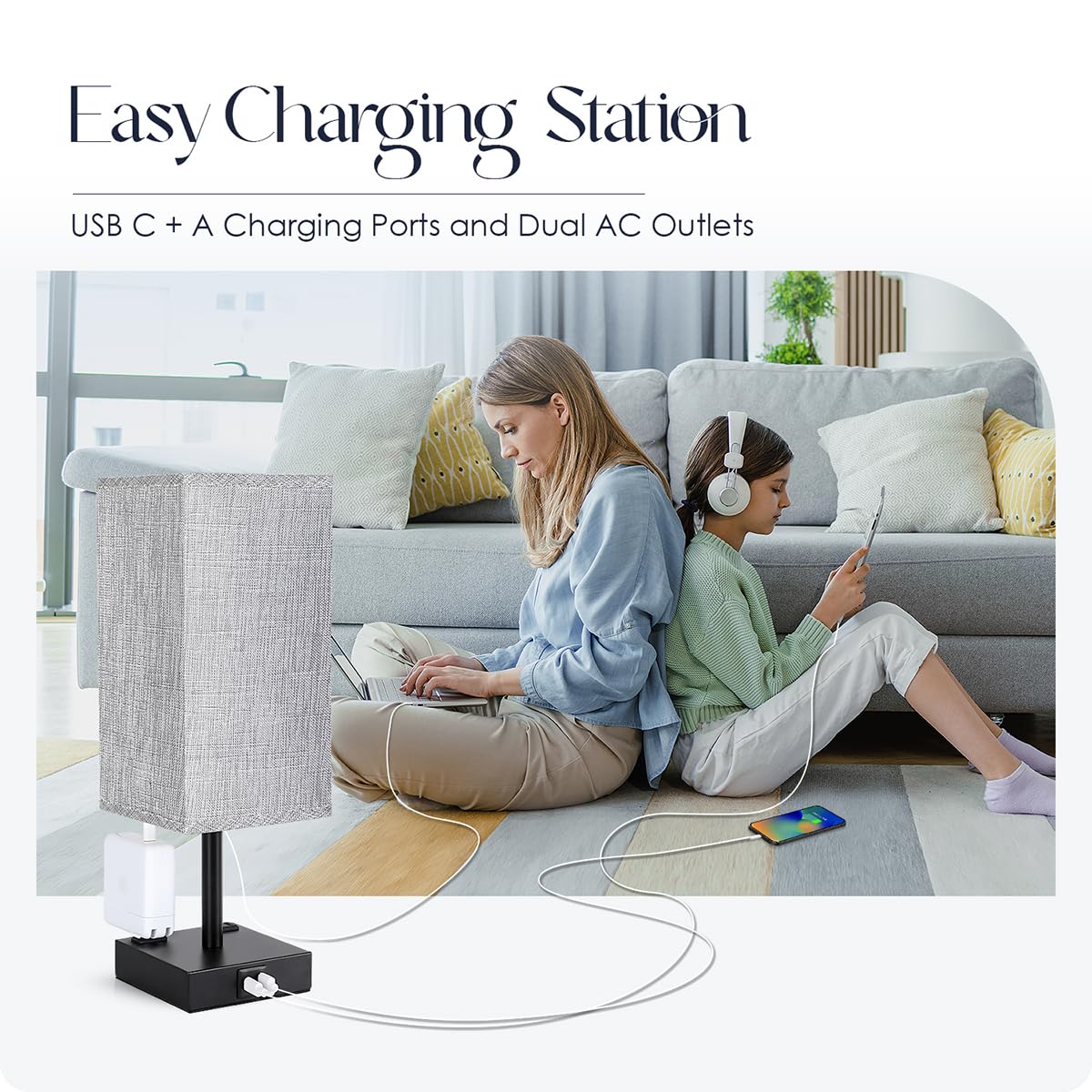 Bedside Table Lamps Set of 2 - Touch Nightstand Lamp for Bedroom with USB C+A Charging Ports & AC Outlets, 3-Way Dimmable Desk Lamp Grey Fabric Shade for Bedroom Living Room, Office(Bulb Included)