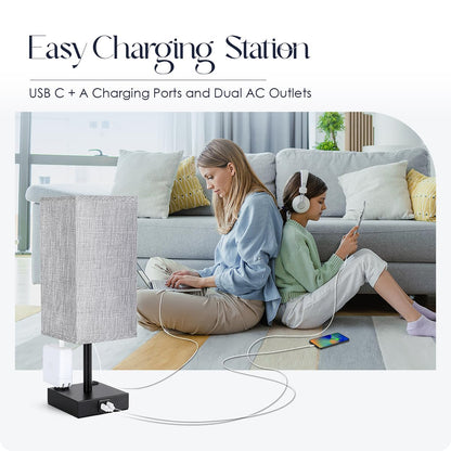Bedside Table Lamps Set of 2 - Touch Nightstand Lamp for Bedroom with USB C+A Charging Ports & AC Outlets, 3-Way Dimmable Desk Lamp Grey Fabric Shade for Bedroom Living Room, Office(Bulb Included)