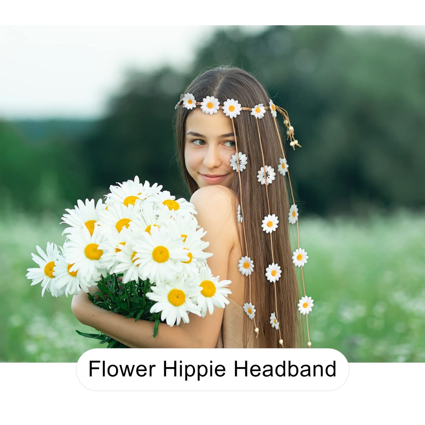 AWAYTR Flower Hippie Headband Floral Crown Behemain Sunflowers Beads Adjust Flower Headdress Hair Accessories (White)