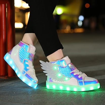 BFOEL Wings Sneakers Kids LED Light up Shoes USB Charging Flashing High-top Sneakers for Boys Girls Child Unisex(3.5 Big Kid White 35)