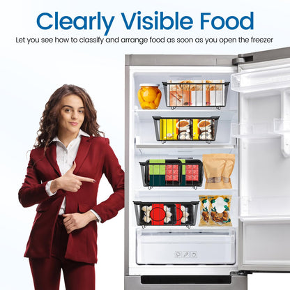 4 Pack Freezer Organizer Bins, Stackable Deep Freezer Organizer Bins, Chest Freezer Baskets for Sorting Frozen Meats and Food, Freezer Storage Basket with Foldable Handles