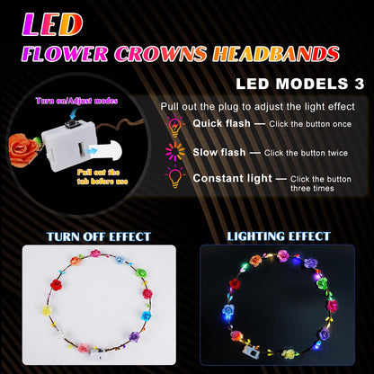 HONLYNE 24 PCS LED Flower Crowns Headbands, Light Up Flower Crowns for Women & Girls, Glow in The Dark Flower Hairbands Wreath for Wedding Beach Party Birthday Cosplay Gifts, Halloween, Christmas