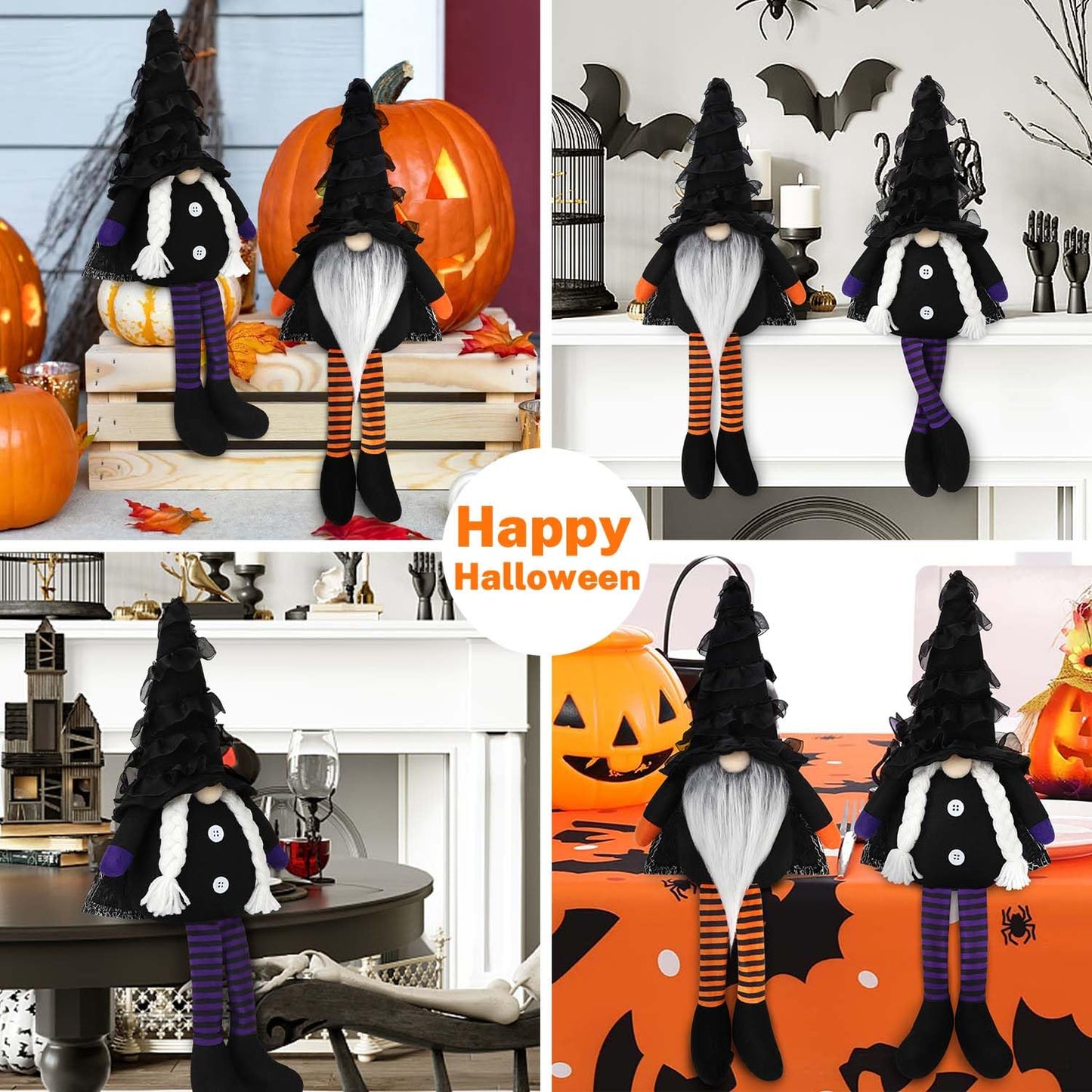 BINSUNS Halloween Plush Gnomes Decoration, 2 Pack Halloween Dangle Leg Gnomes Doll Elf Dwarf - Black Witch Cloak Hat Stuffed gnomesfor Halloween Home Decor Table Decorations Gifts Household Ornaments