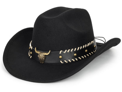 Women & Men Felt Western Cowboy Hat Classic Roll Up Brim Belt Buckle Cowgirl Fedora (M)
