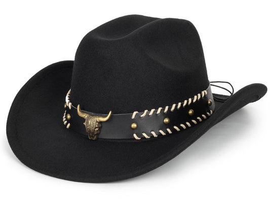 Women & Men Felt Western Cowboy Hat Classic Roll Up Brim Belt Buckle Cowgirl Fedora (M)