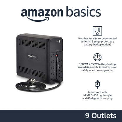 Amazon Basics UPS Battery Backup & Surge Protector 1000VA/550W, 9 Outlets, Line Interactive Uninterruptible Power Supply, for Power Outage Protection, Black