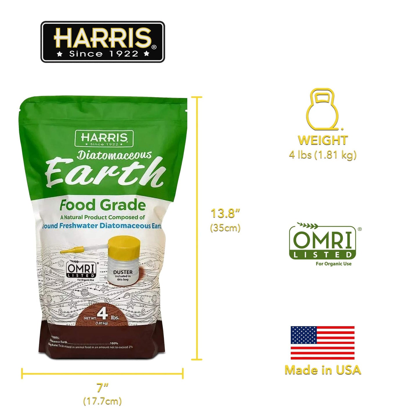 HARRIS Diatomaceous Earth Food Grade, 4lb with Powder Duster Included in The Bag