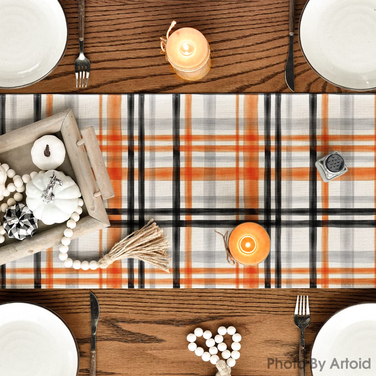 Artoid Mode Orange Black Buffalo Plaid Fall Table Runner, Halloween Kitchen Dining Table Decoration for Outdoor Home Party 13x72 Inch