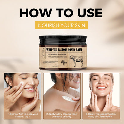 Beef Tallow and Honey Balm Moisturiser: Whipped Grass Fed Beef Tallow Balm with Raw Honey and Olive Oil for Skin and Face – Natural Cow Fat Facial Cream for Anti-Aging Unscented