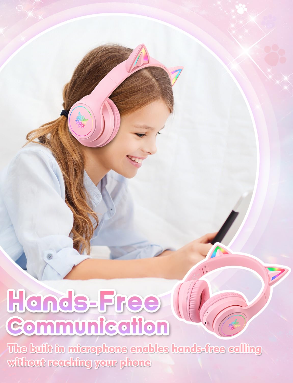 Bluetooth Kids Headphones with Microphone, Cat Ear LED Light Up and 85dB Volume Limited Toddlers Study Headphones, Wireless Foldable HI-FI sound Over-Ear School Headphones for iPhone/iPad/Laptop/PC