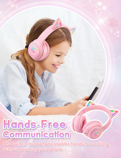 Bluetooth Kids Headphones with Microphone, Cat Ear LED Light Up and 85dB Volume Limited Toddlers Study Headphones, Wireless Foldable HI-FI sound Over-Ear School Headphones for iPhone/iPad/Laptop/PC