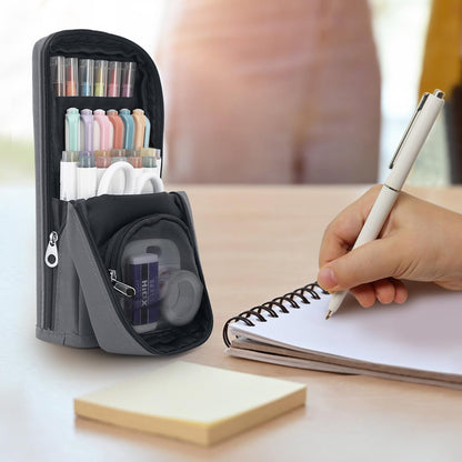 Housolution Standing Pencil Case Large Capacity Pen Bag, Multi-Layer Pen Pouch Pencil Holder Stationery Organizer, Polyester Pencil Bag Storage Box Desk Organizer, Gray