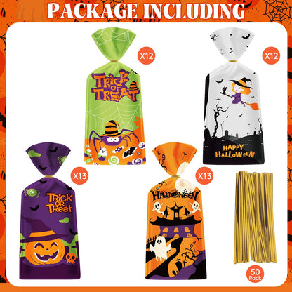 50 Pack Halloween Treat Bags - Plastic Halloween Goodie Bags, Happy Halloweens Candy Bag, Trick or Treat Snack Gift Cellophane Bags with Twist Ties for Kids Hallowen Party Birthday Supplies Favors