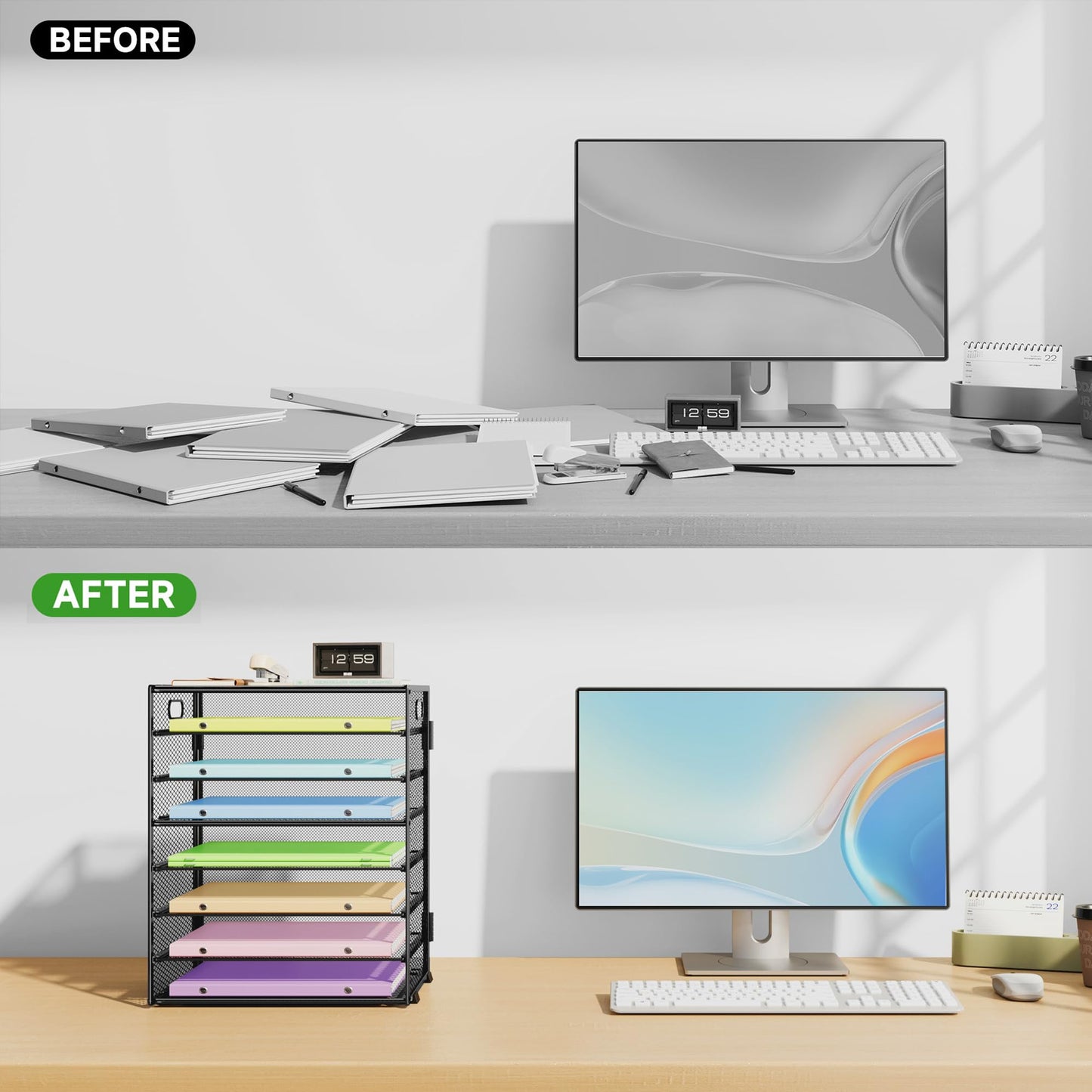 Biciyarn 8 Tier Paper Organizer with Handle, Metal Mesh Desk File Organizer, Large Capacity Desk Organizers Paper Letter Tray Desktop Document Sorter for Office, Home or School - Black