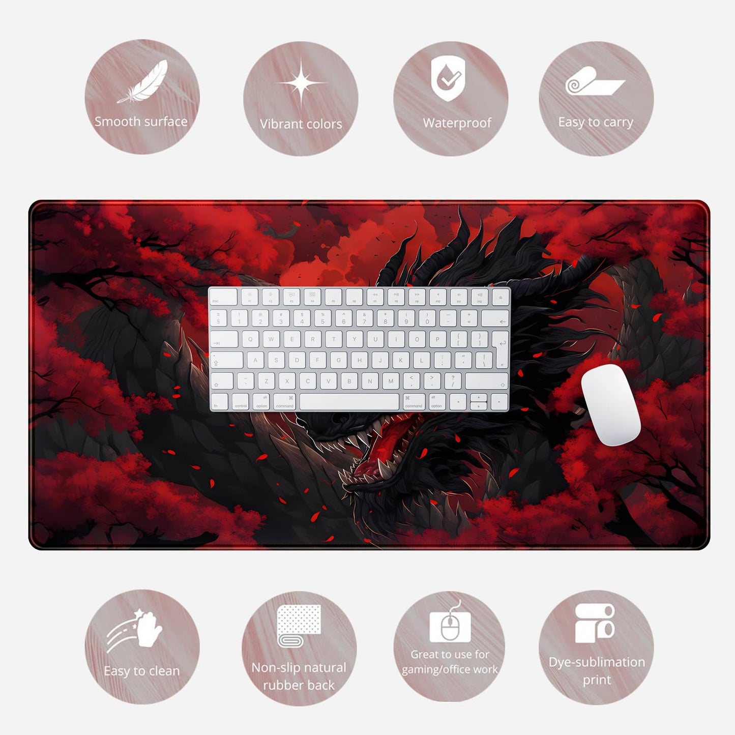 Huge Dragon Large Mouse Pad - Red and Black Mousepad, Big Full Keyboard and Mouse Pad with Stitched Edges, Anti-Slip, Funny Desk Pad, 31.5 X 15.8 in.