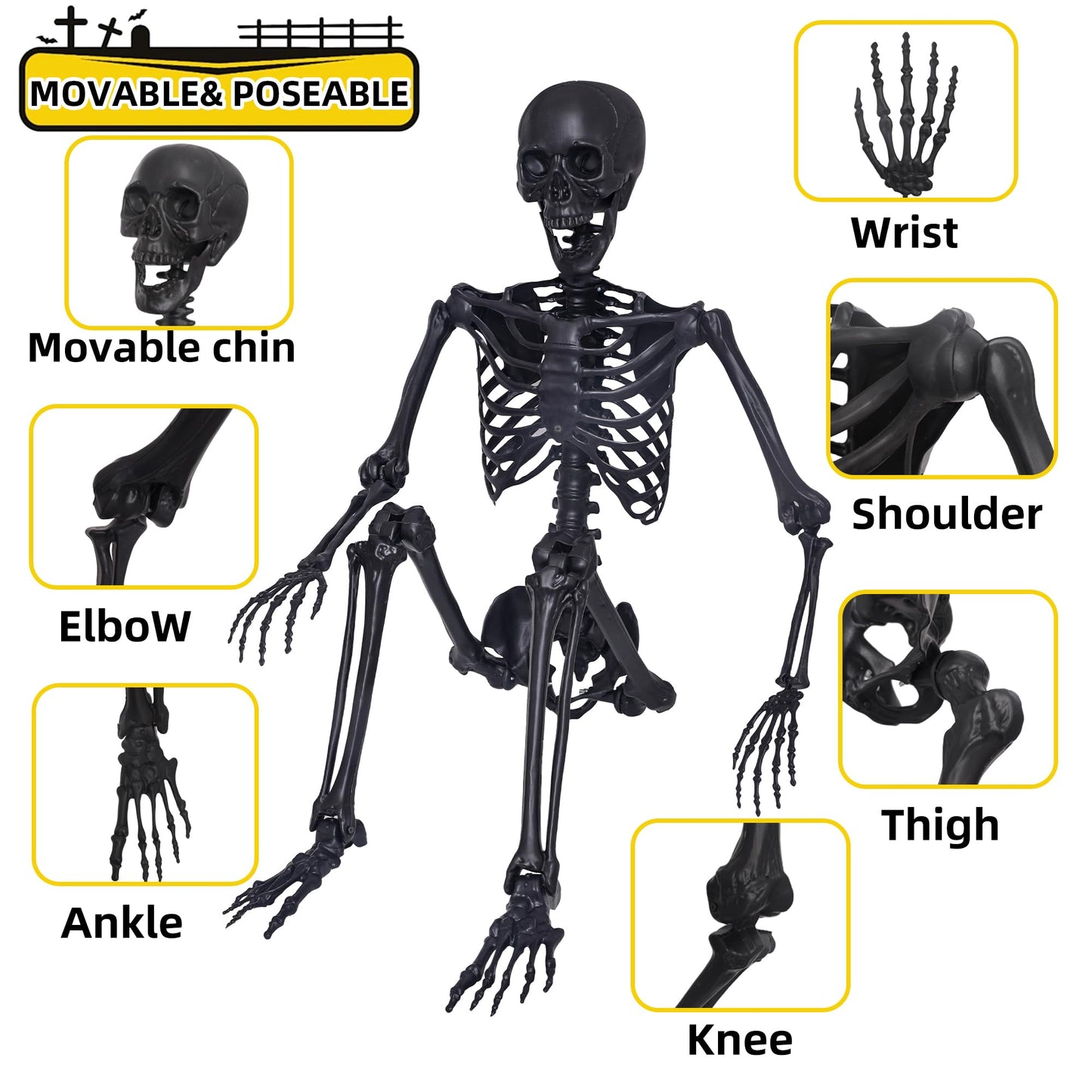 5.4Ft Halloween Skeleton,Posable Skeleton Full Size Skeleton with Movable Joints and 2PC Black Feathered Crows for Halloween Decorations Outside and Inside
