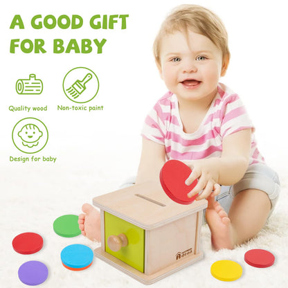 Adena Montessori Coin Box,Object Permanence Box Toys for 1 Year Old Baby Coins,Wooden Montessori Ball Drop Toys Developmental Toys for 6-12 Month Infant Toys,Learning Kids Gifts(Yellow-Green Door)